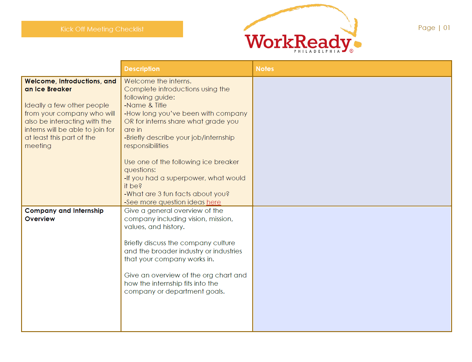 Kick Off Meeting Checklist